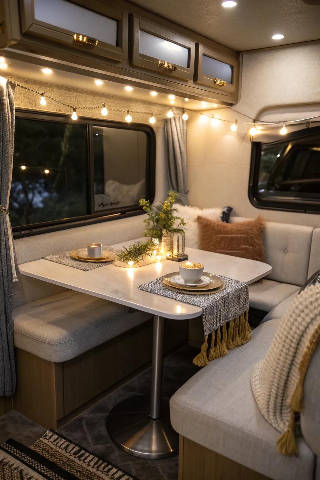Elevate your RV dining experience with stylish and practical puck lighting! #RVDecor #LightingDesign