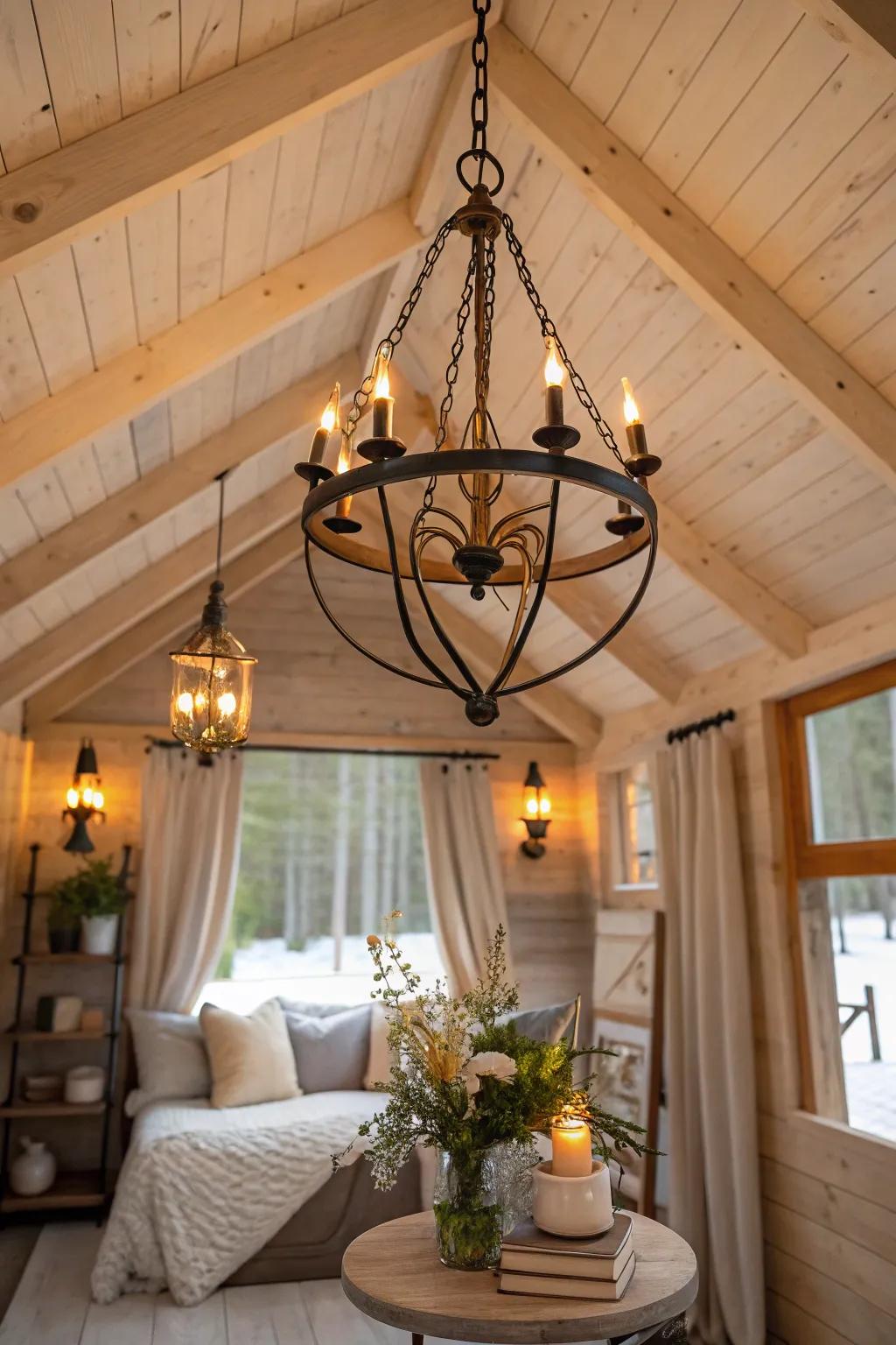 Illuminate your cabin with rustic lighting for a warm, inviting glow.