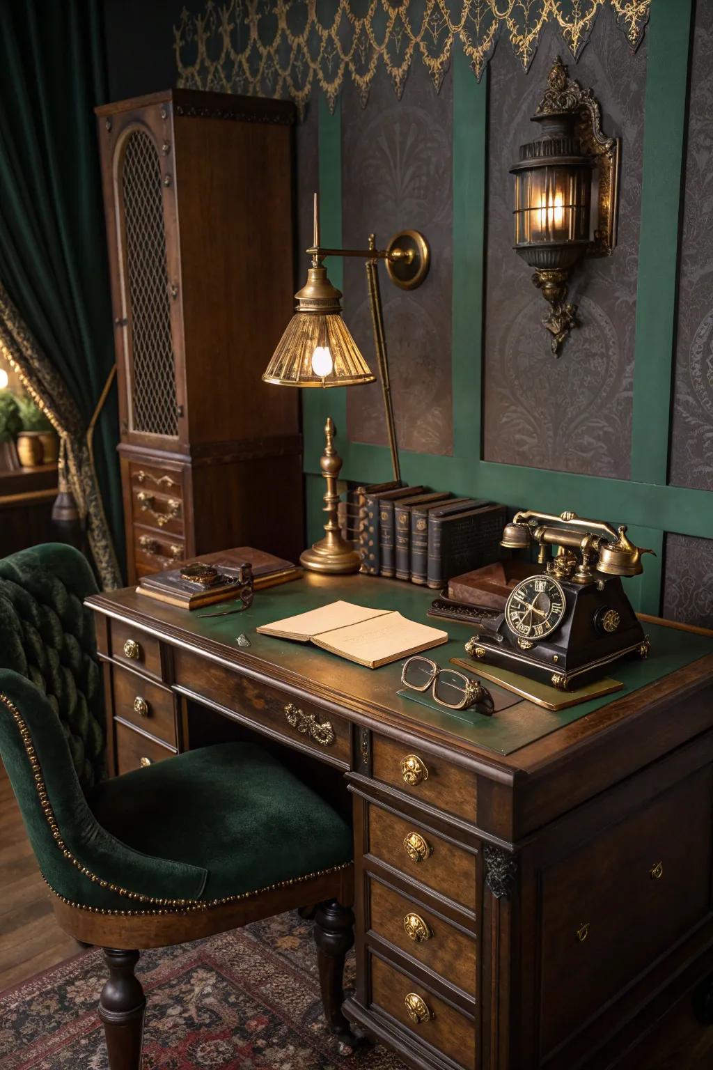 A desk with brass details transforms your workspace into a steampunk-inspired haven.