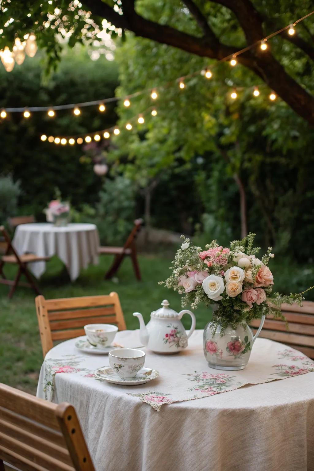 An outdoor garden setup provides a serene backdrop for Mother's Day festivities.