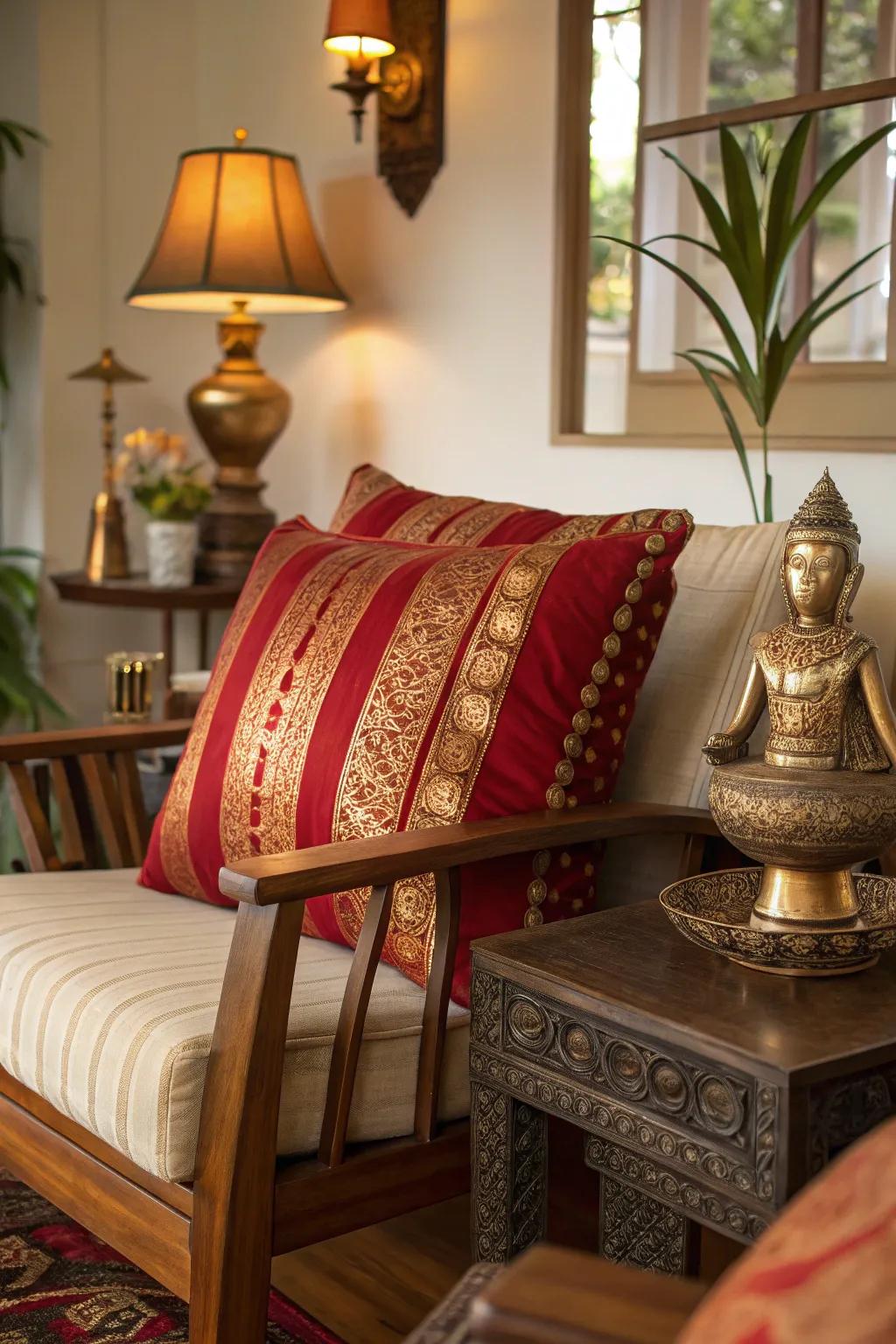 Evoke opulence with rich red and gold accents that warm up your living space.