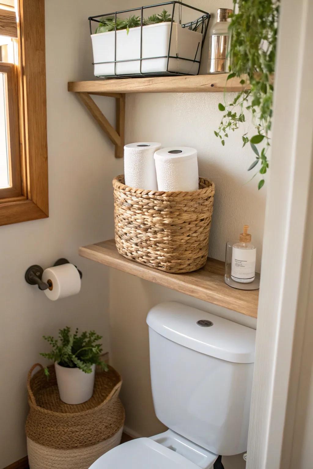 Add a warm, personal touch to your bathroom with a decorative basket for extra storage.