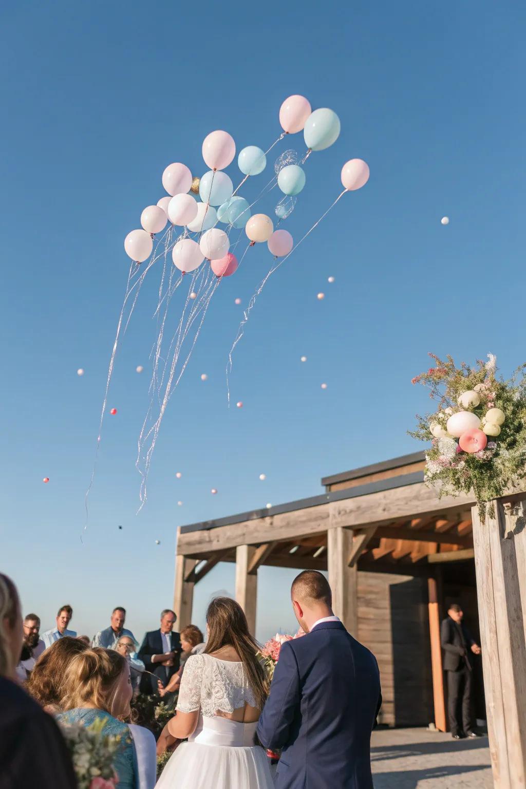Watch your dreams take flight with a vibrant balloon release. #BalloonSendOff #WeddingJoy
