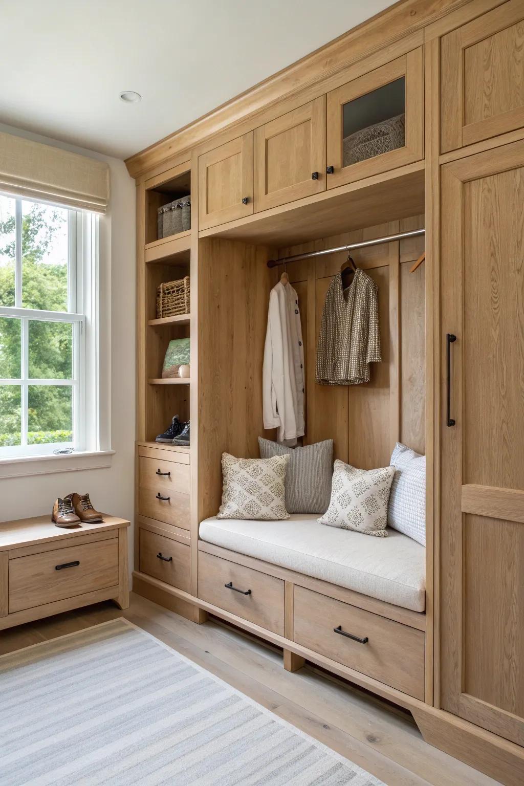 Enjoy the luxury of dual-purpose furniture with integrated seating in your closet.
