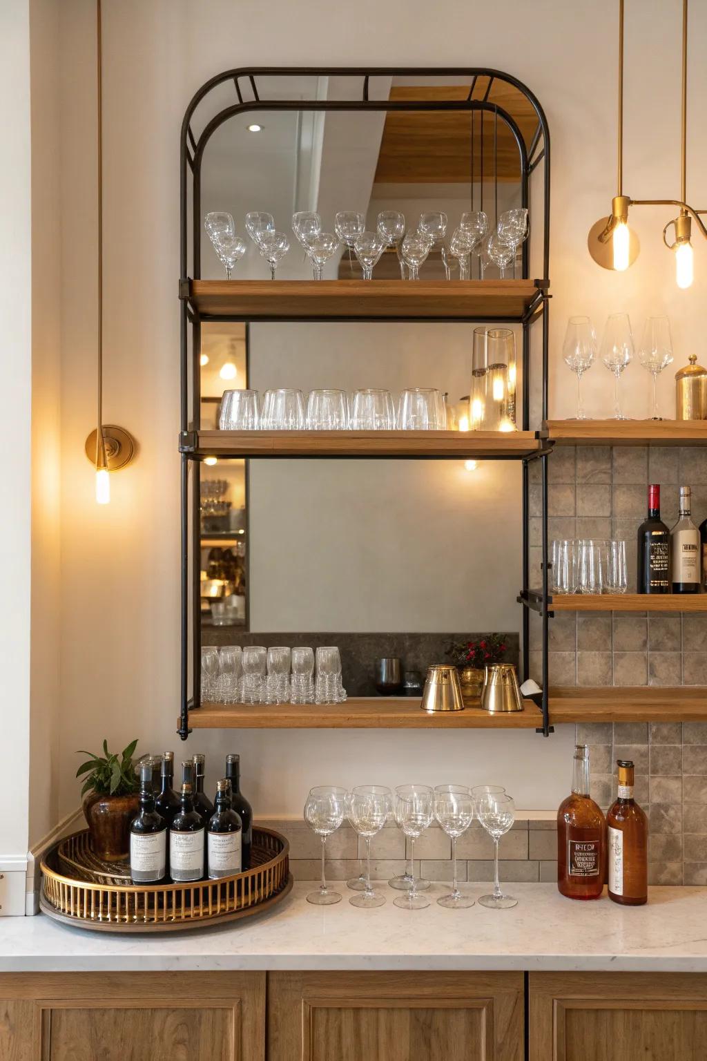 Double the impact with mirror backdrops that reflect light and style. #BarDesign #ReflectAndShine