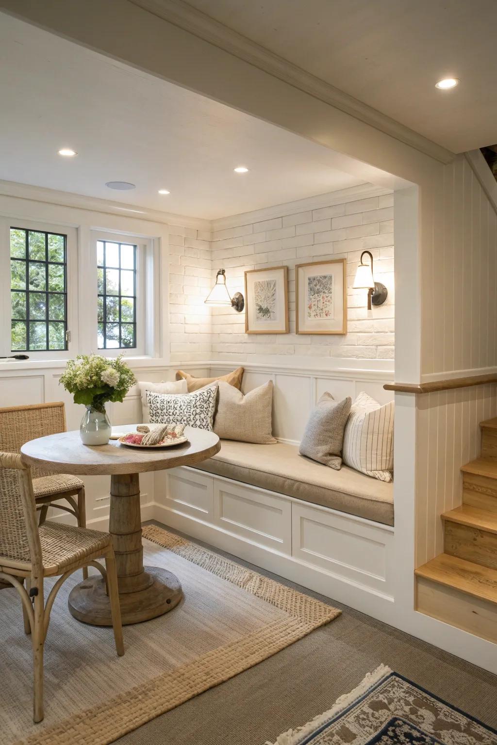 Create a welcoming lounge area by integrating seating with your basement ledge. 🛋️