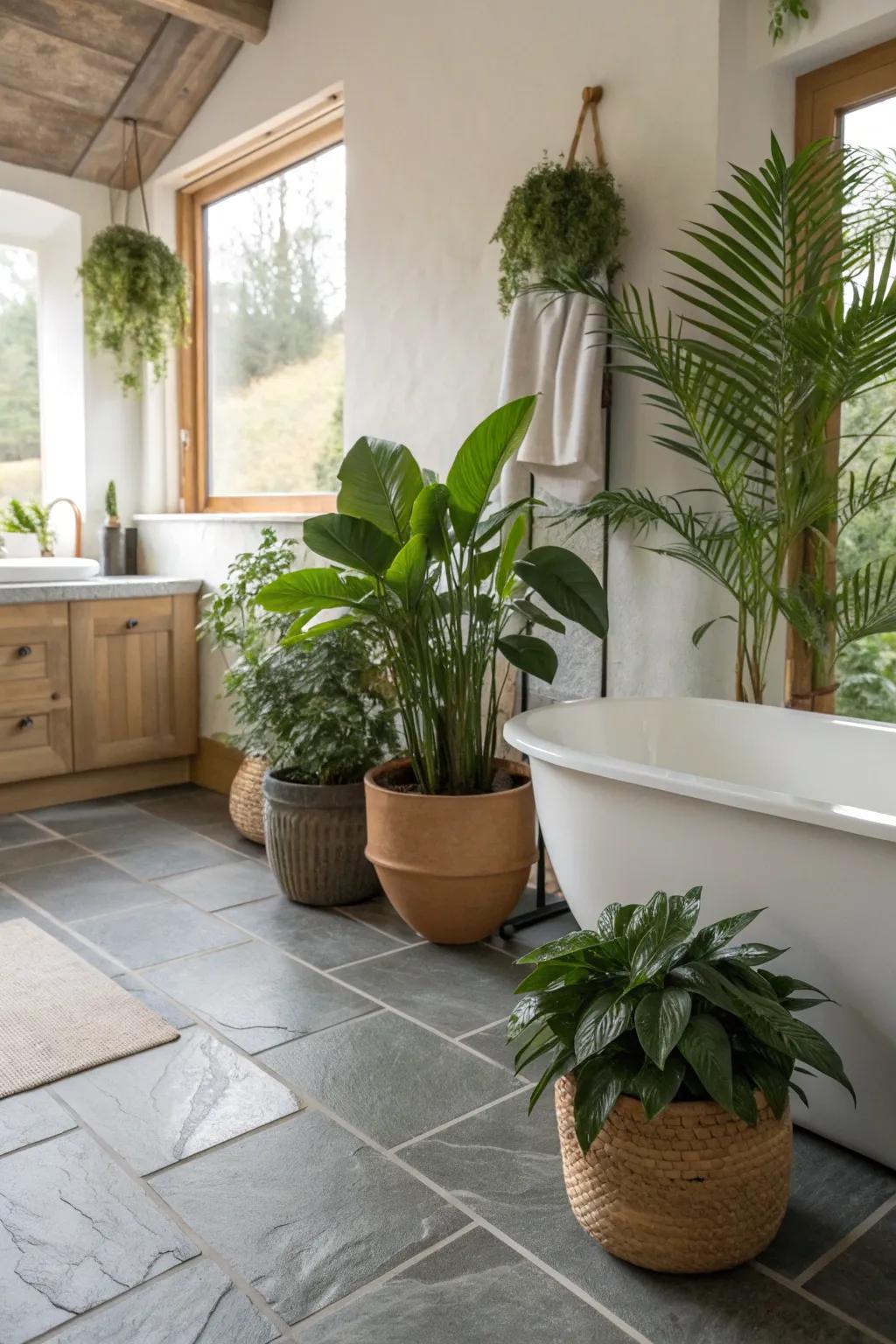 Add a touch of nature to your bathroom with slate floors and lush greenery. 🌿✨ #SlateFloors #BathroomDecor #GreenLiving
