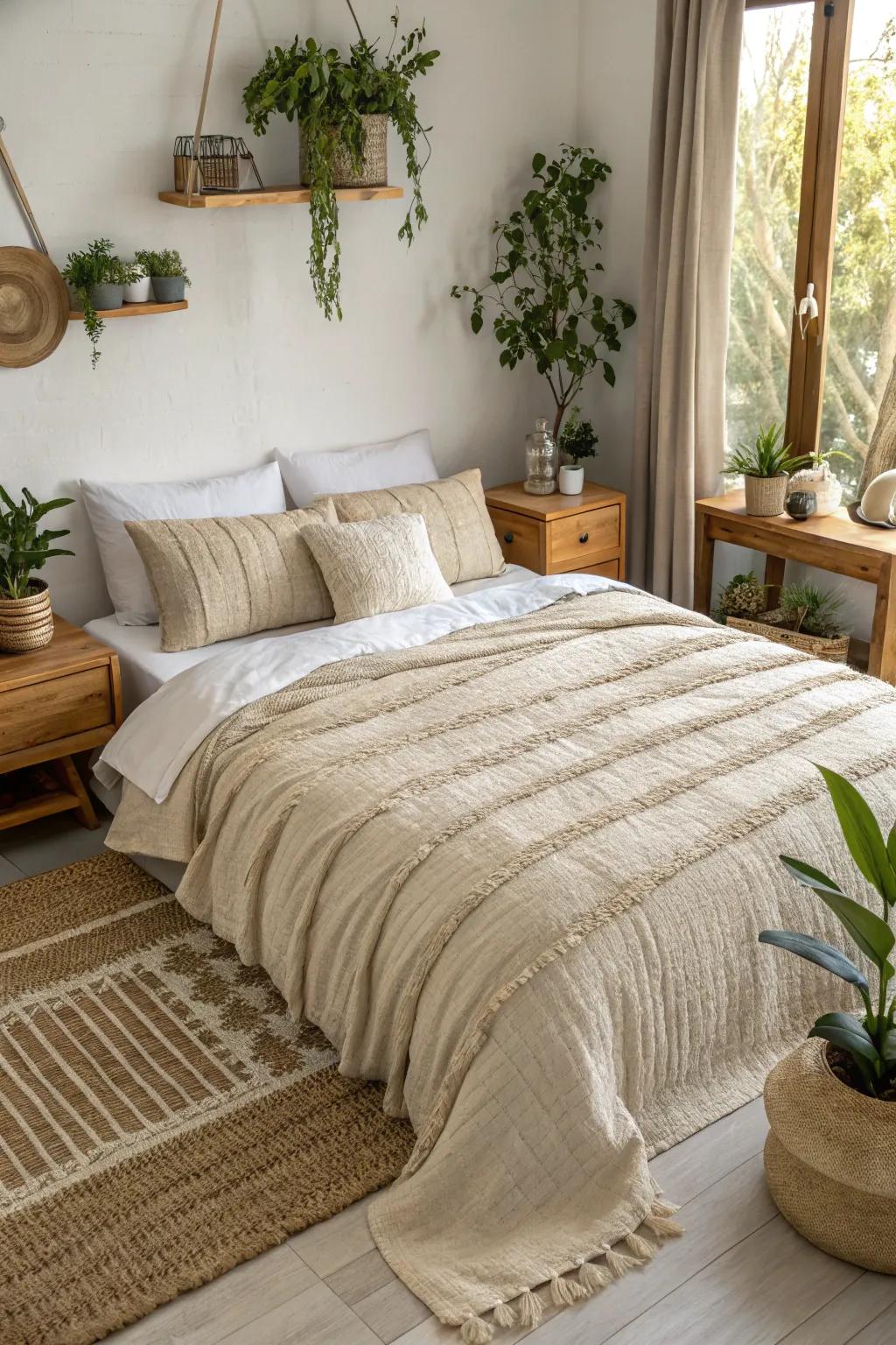 Nature-inspired decor around your bedspread adds warmth and a touch of the outdoors to your retreat.