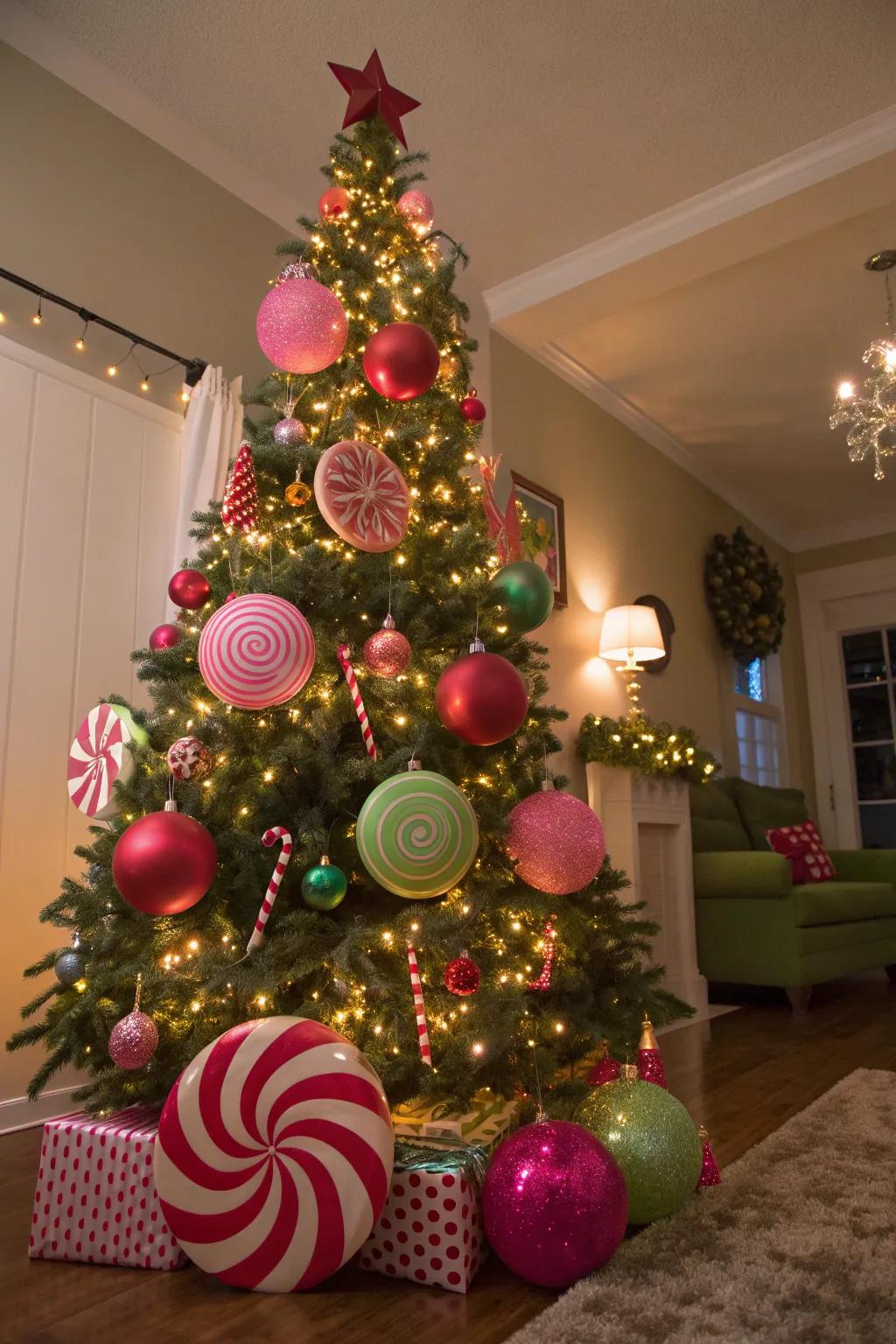 Sweeten your holiday decor with oversized candy ornaments that add a whimsical touch. 🍬 #CandyDecor #ChristmasFun