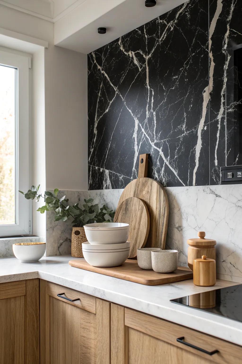 Marble textures bring luxury and elegance to this stunning kitchen. ✨