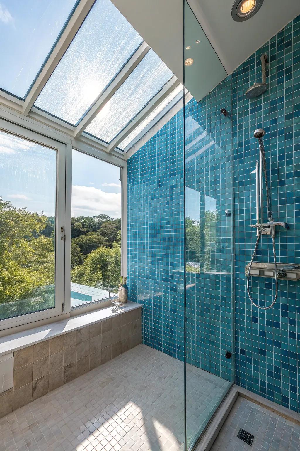 Let the light in! Natural illumination highlights the beauty of blue tiles.