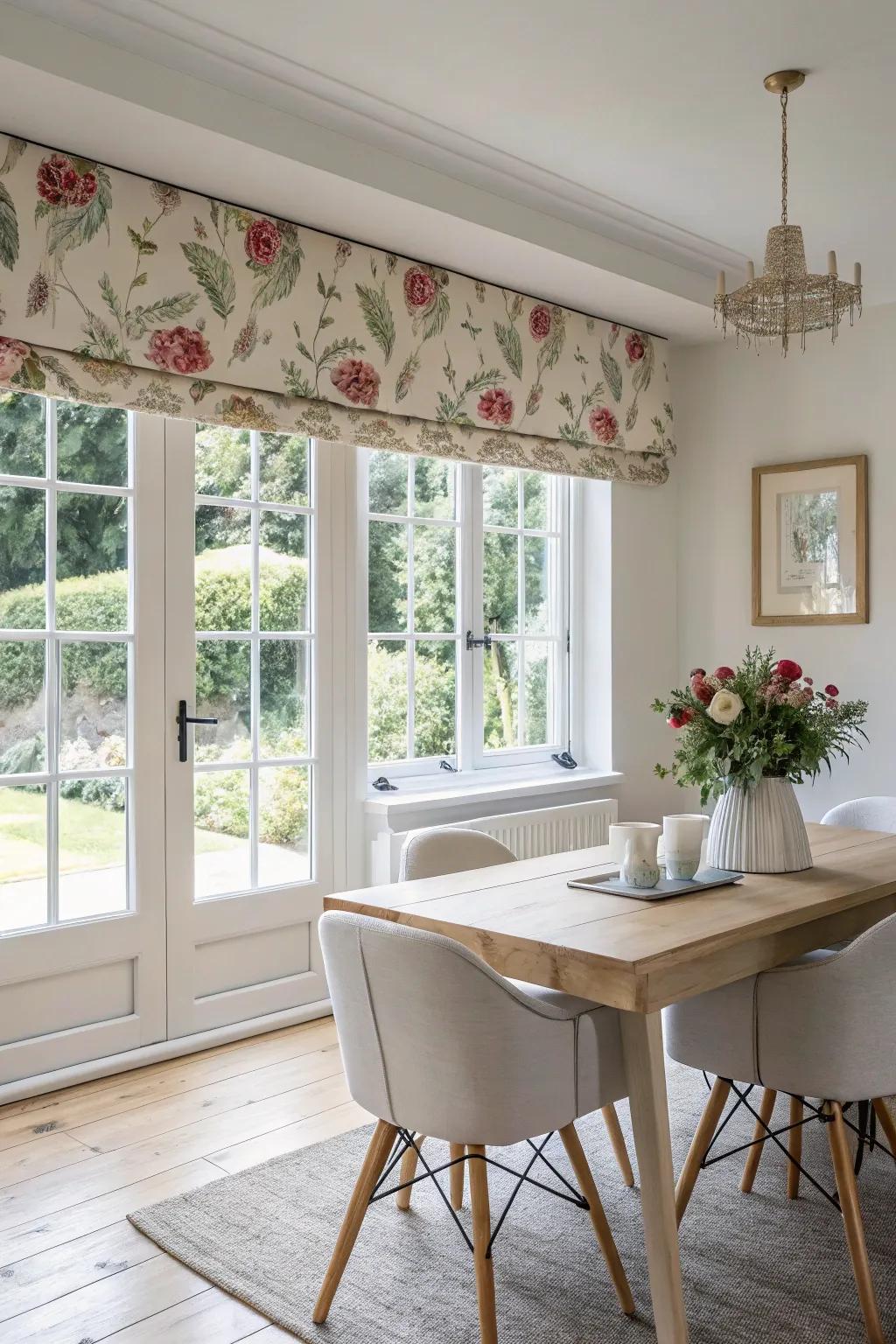 Floral box valances bring a touch of nature indoors, perfect for dining rooms.