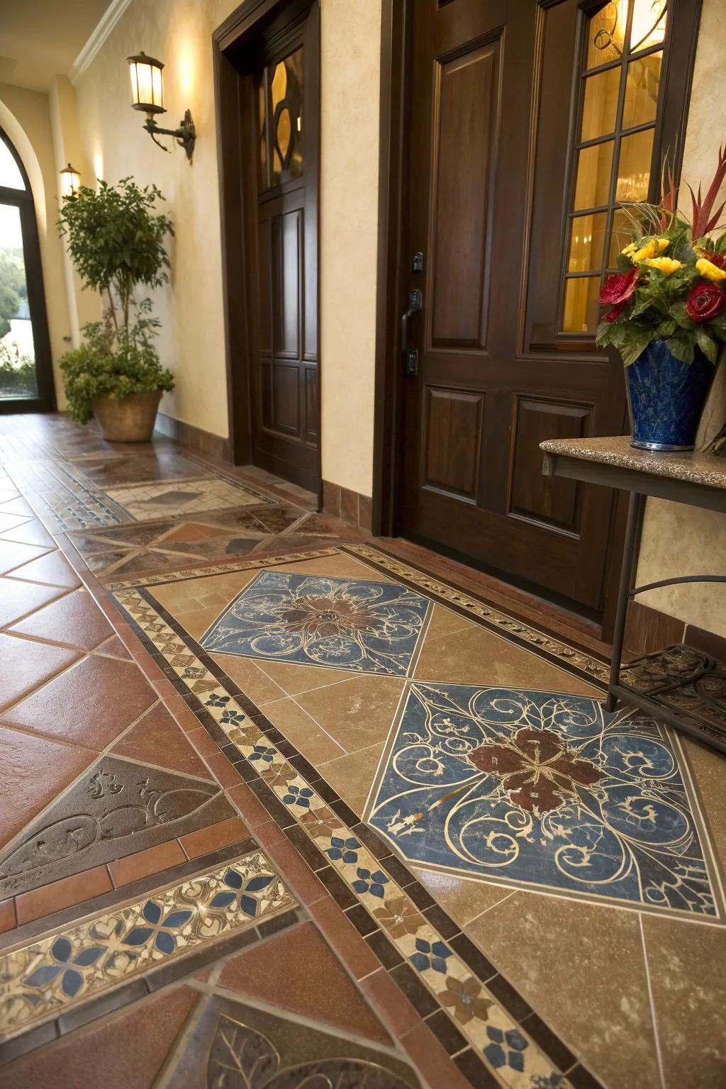 Decorative tiles make a striking statement, perfect for entryways. 🎨 #TileDesign #EntrywayGoals