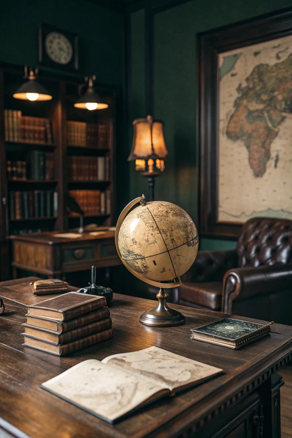 Globes and maps add a worldly touch, perfect for the curious mind.