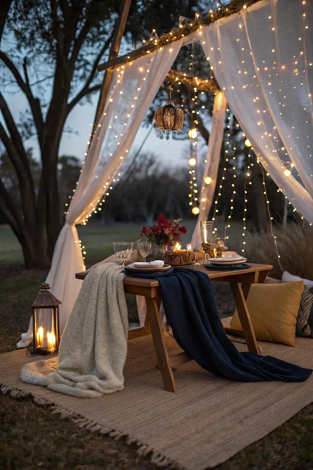 Experience the magic of dining under the stars with a cozy outdoor setup.