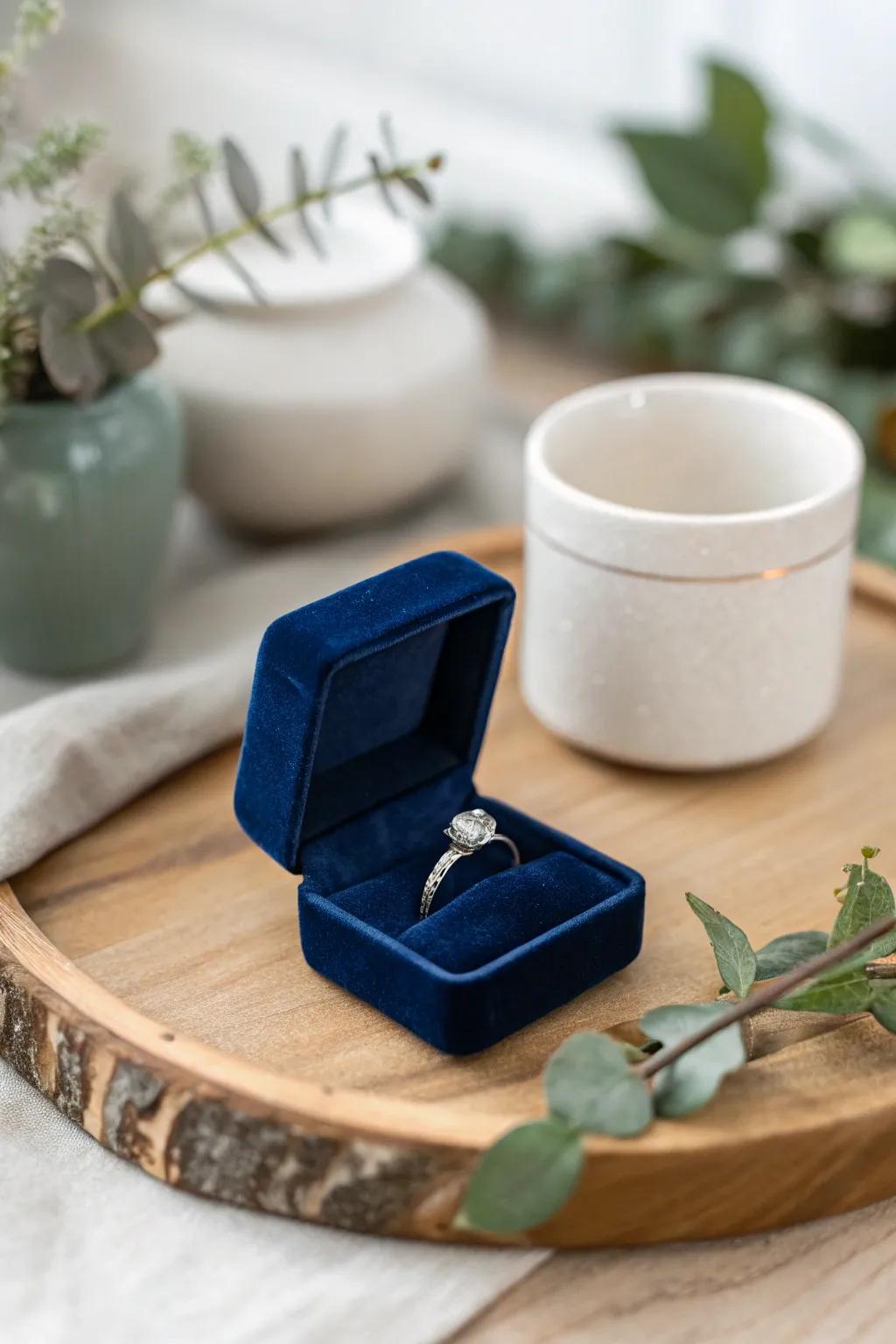 Feel the luxury with a velvet ring box that adds a touch of sophistication to your special moment.
