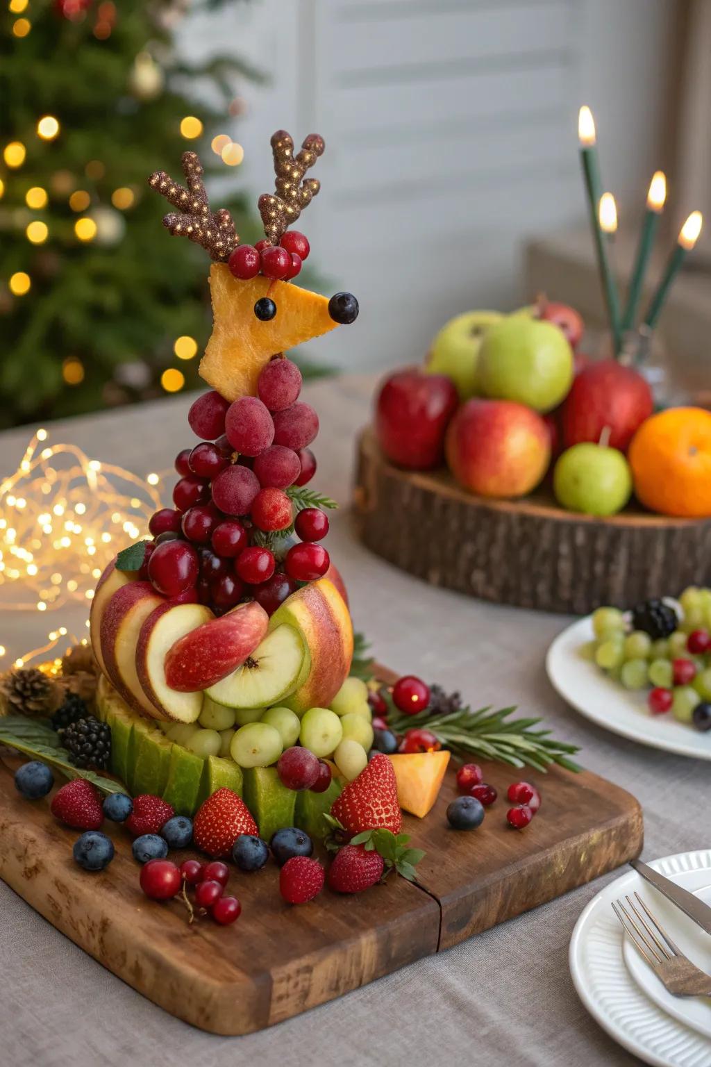 🎄 Add a dash of holiday cheer with a fruity reindeer centerpiece. #HolidayDecor #FestiveTable #CreativeFood