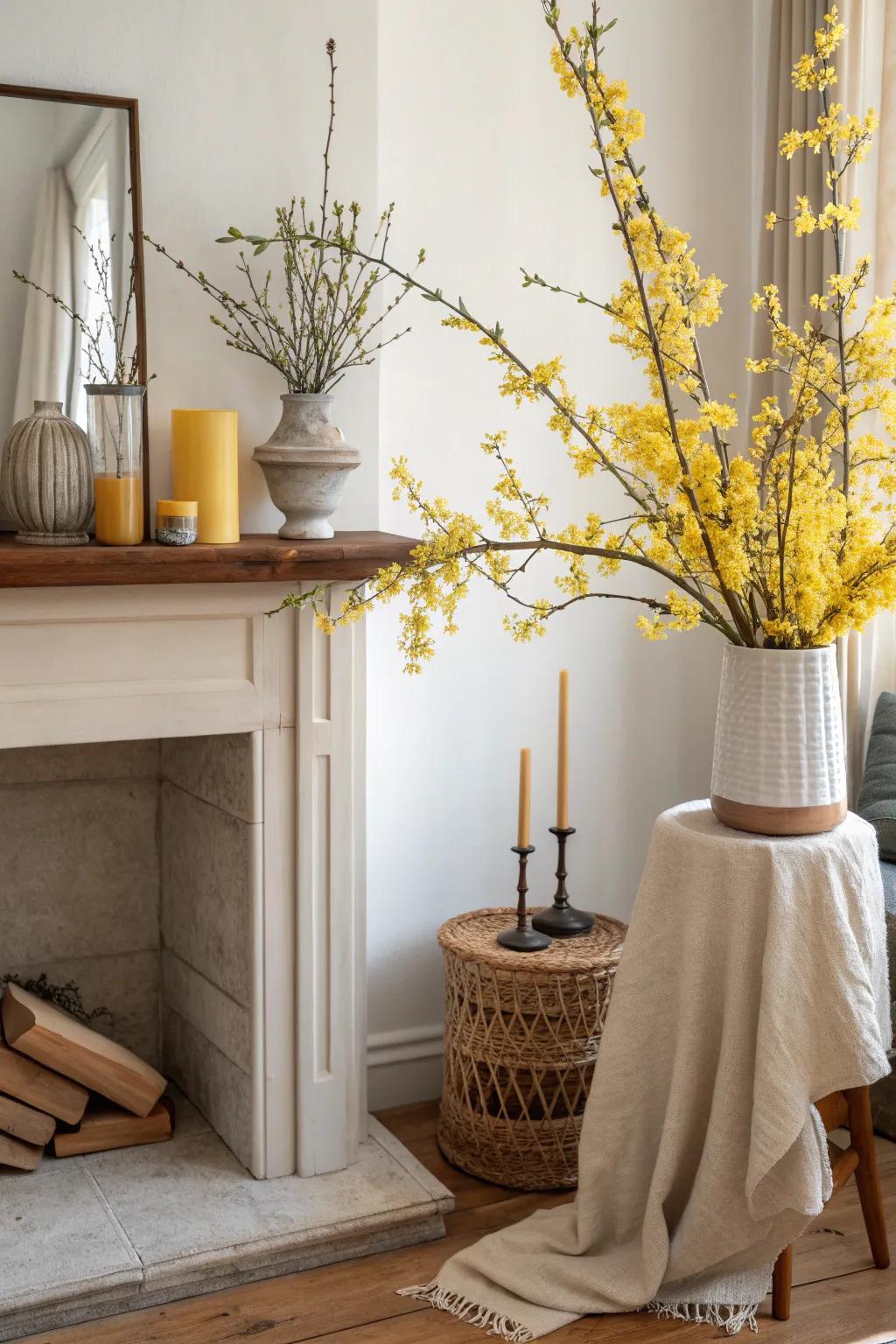 Bring spring inside with a forsythia garland that adds warmth and color to your mantel. 🌿💛 #SpringDecor #HomeInspiration