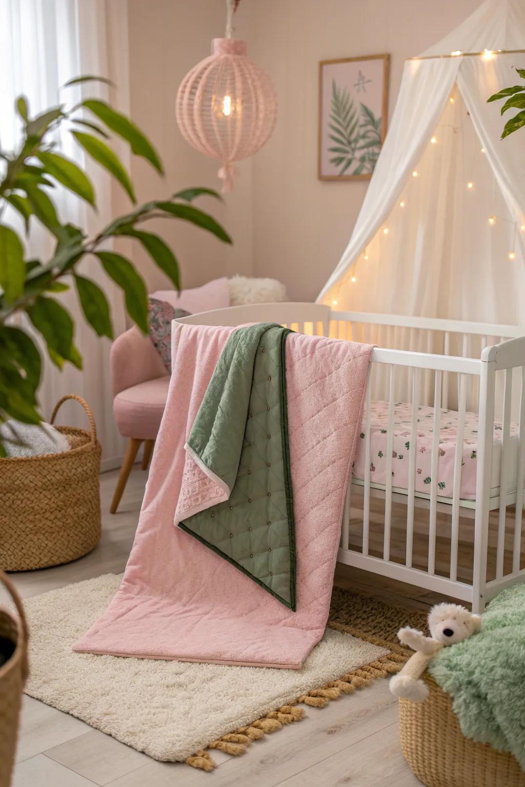 Wrap your little one in comfort with pink and green textiles that charm and comfort. 🛏️💚 #TextileDesign #CozyNursery