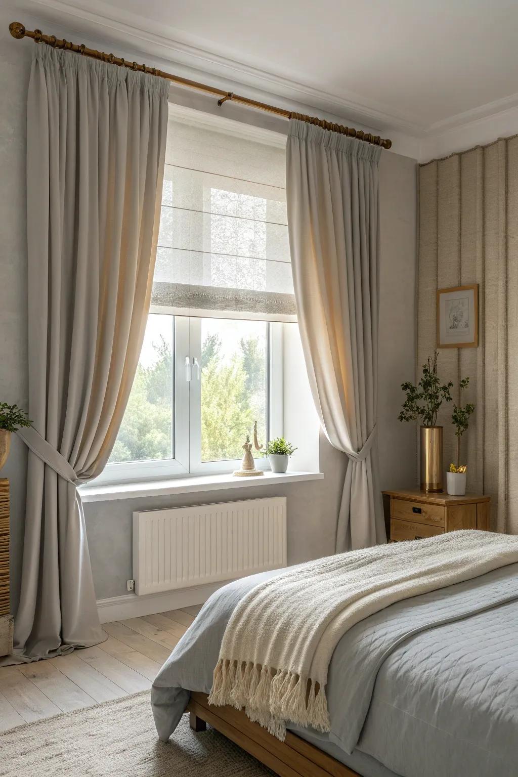 Master the art of light control with layered window treatments that blend functionality with style. #InteriorDesign #CurtainIdeas