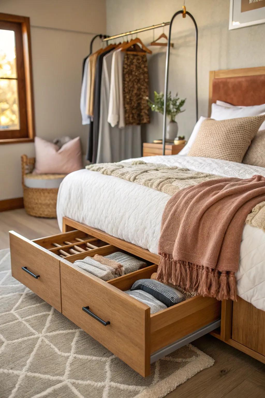Sneak in extra storage under your bed for a clutter-free room! 🛏️ #SpaceSaving #BedroomHacks