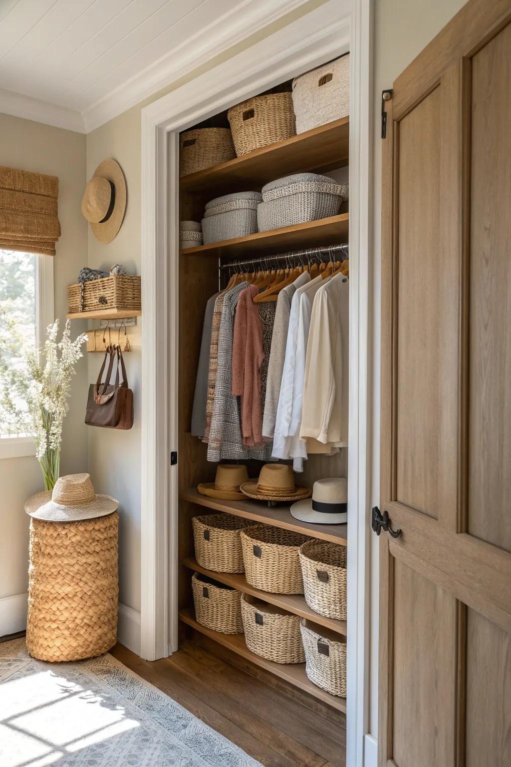 Utilize every inch of your closet with under-shelf baskets that keep your hats neatly stored. 🧢🧺 #SmartStorage
