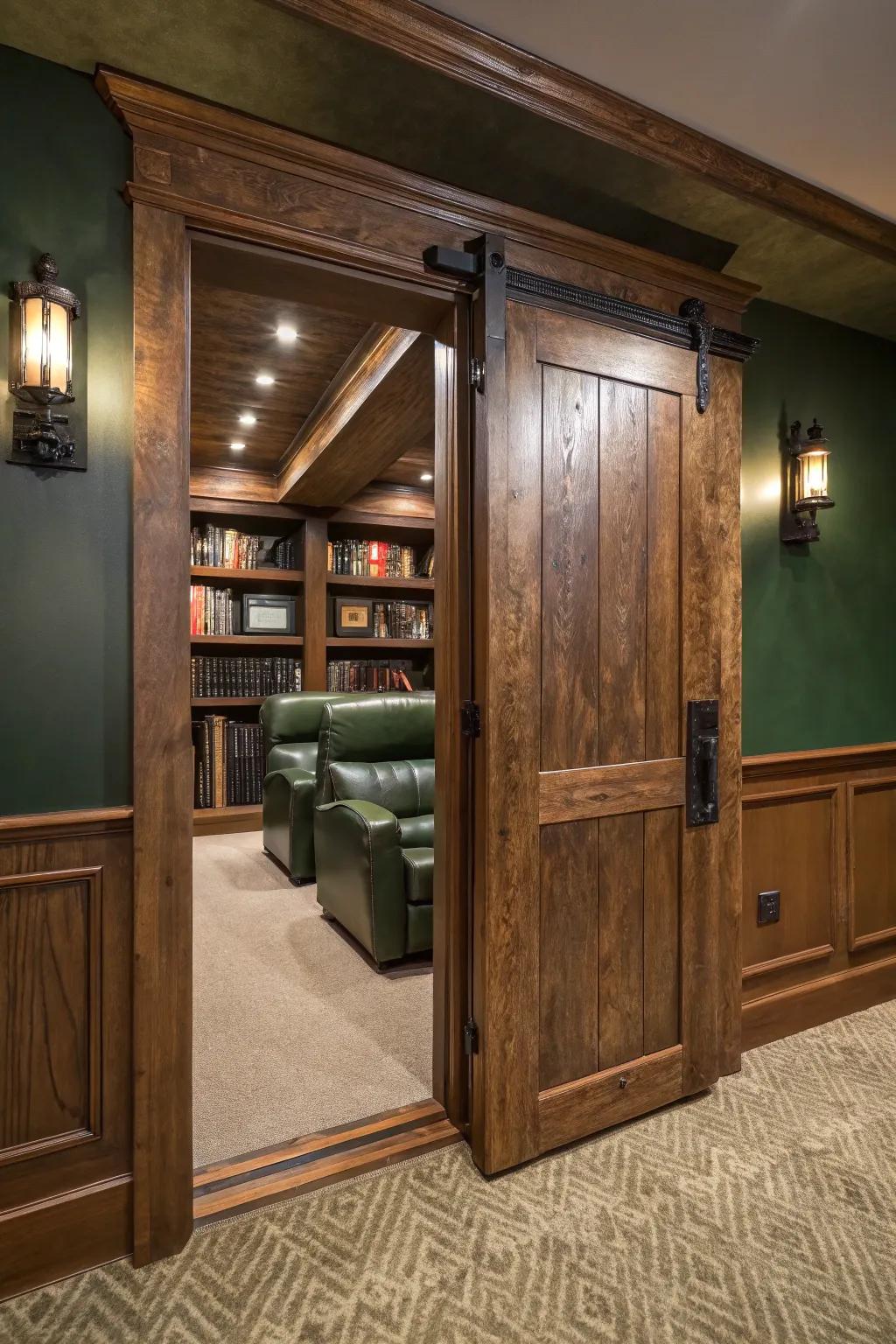 Unlock the secret passage to your cinematic haven with a cleverly disguised bookcase door. #SecretSpaces 📚🔍