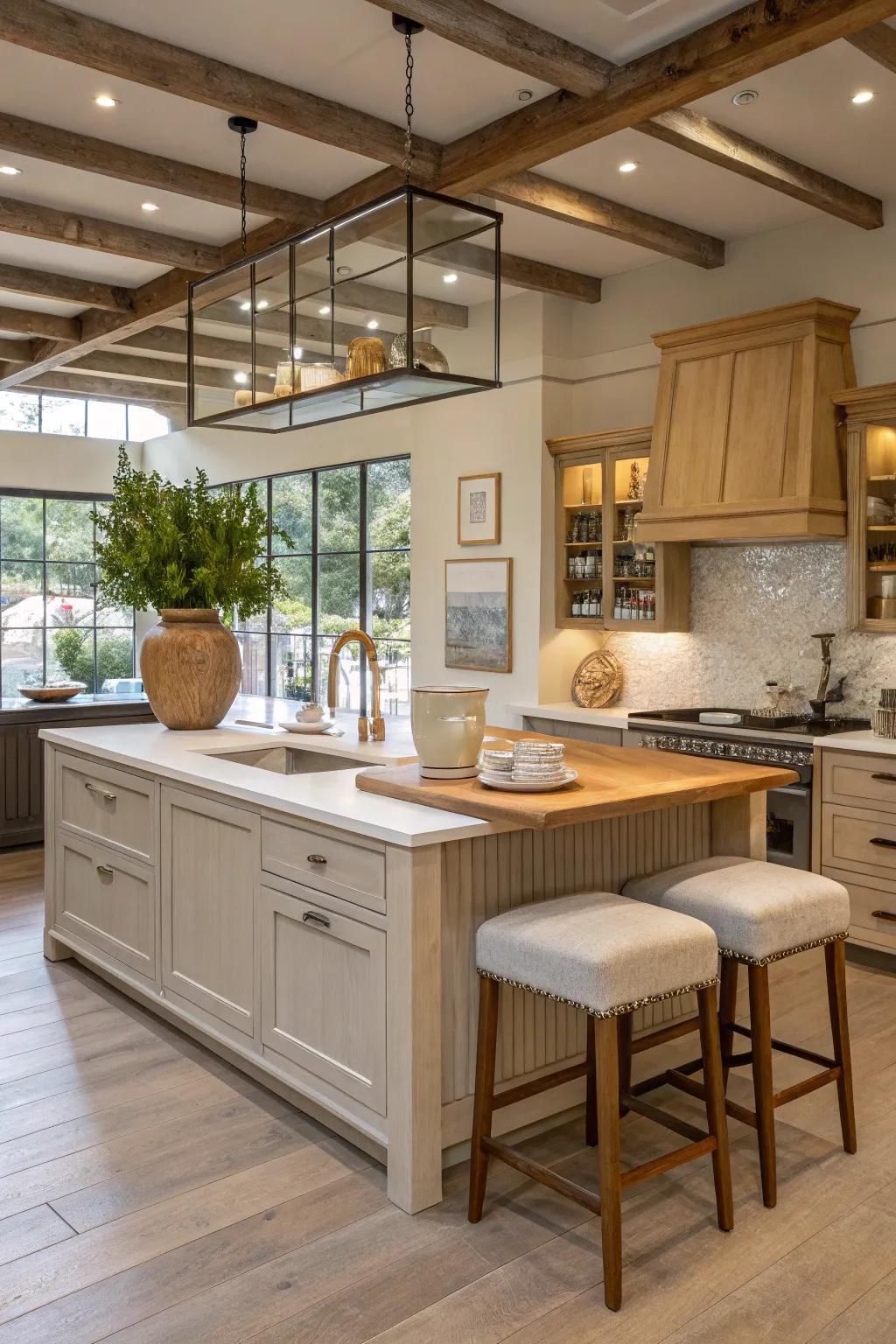 Discover the versatility of a functional island that combines storage, seating, and prep space.