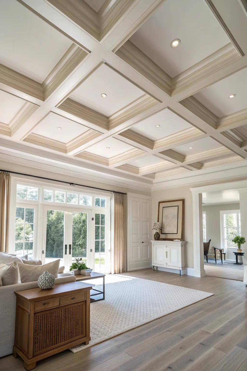 Maximize light and space with a coffered ceiling in an open, airy setting. #OpenSpaces #LivingRoomInspo #BrightAndBeautiful