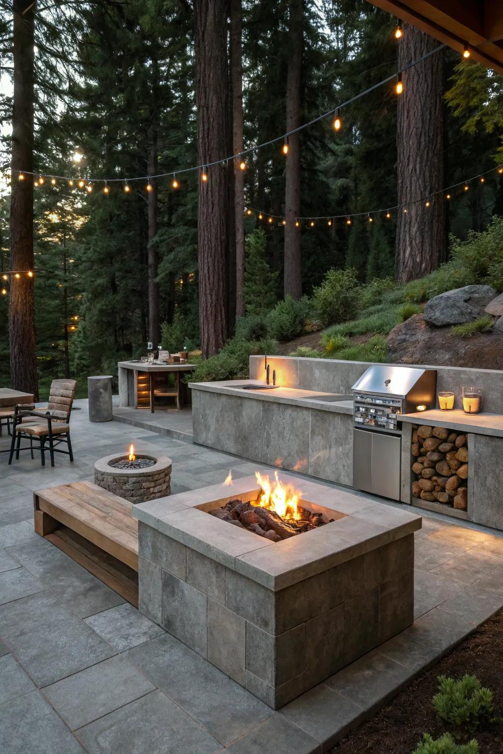 Create warmth and ambiance with a concrete fire feature in your outdoor kitchen.