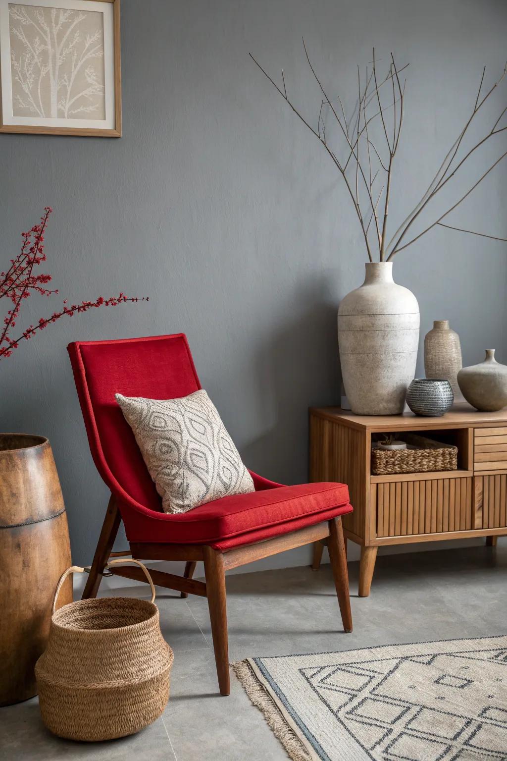 Set the mood with layered lighting that highlights red accents against a gray palette. 💡 #LightingDesign #InteriorInspiration