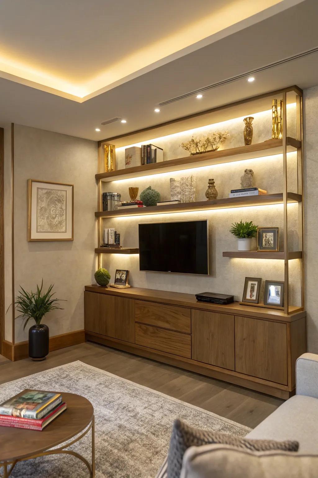 Sleek and modern, floating shelves with integrated lighting are a stunning addition to any contemporary space. #InteriorDesign #MinimalistHome