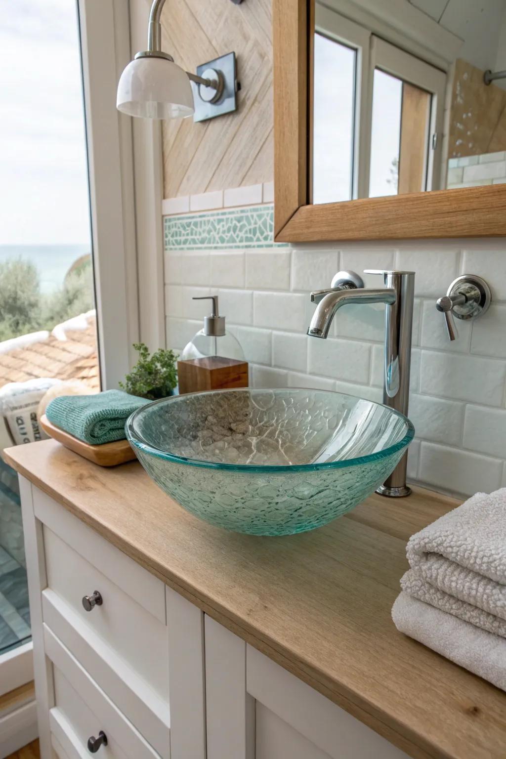 A glass vessel sink acts as a striking centerpiece, elevating your bathroom's aesthetic.