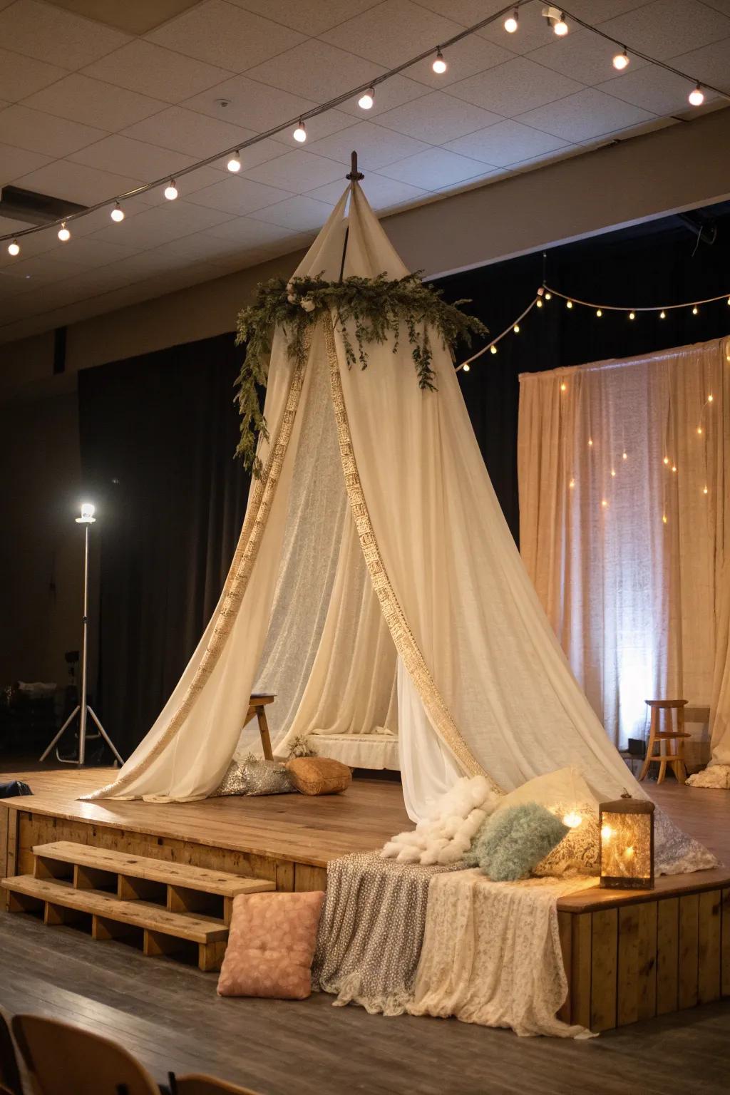 Wrap your event in elegance with a soft fabric cocoon design.