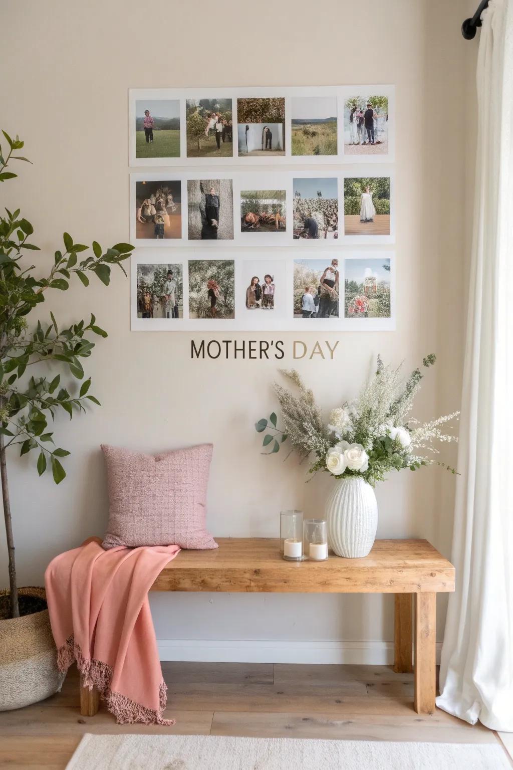 A photo memory wall brings personal history to life, perfect for celebrating Mom.