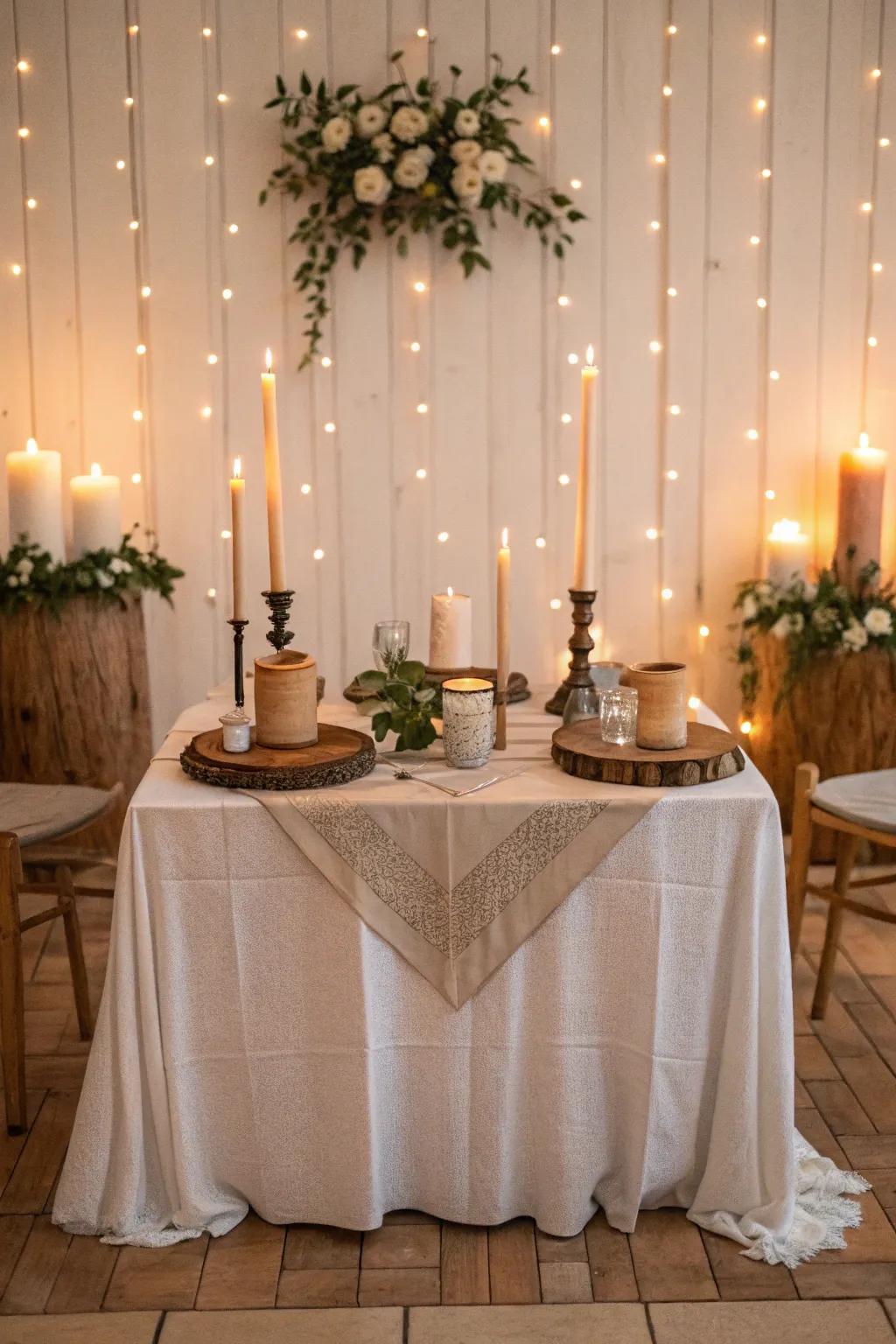 Candles around your sweetheart table create a warm, inviting glow perfect for romantic evenings.