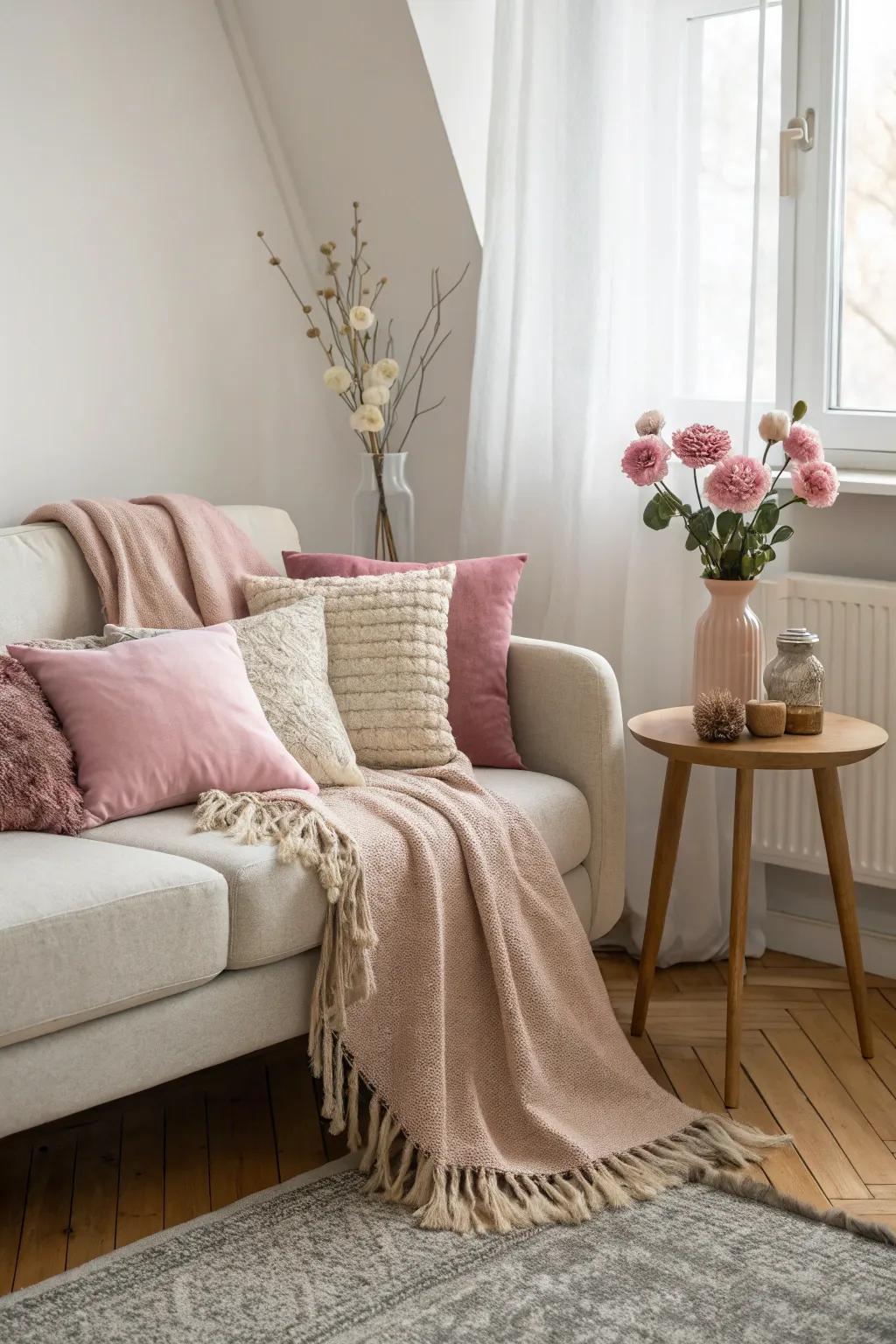Turn your couch into a cozy spot with romantic throws and pillows.
