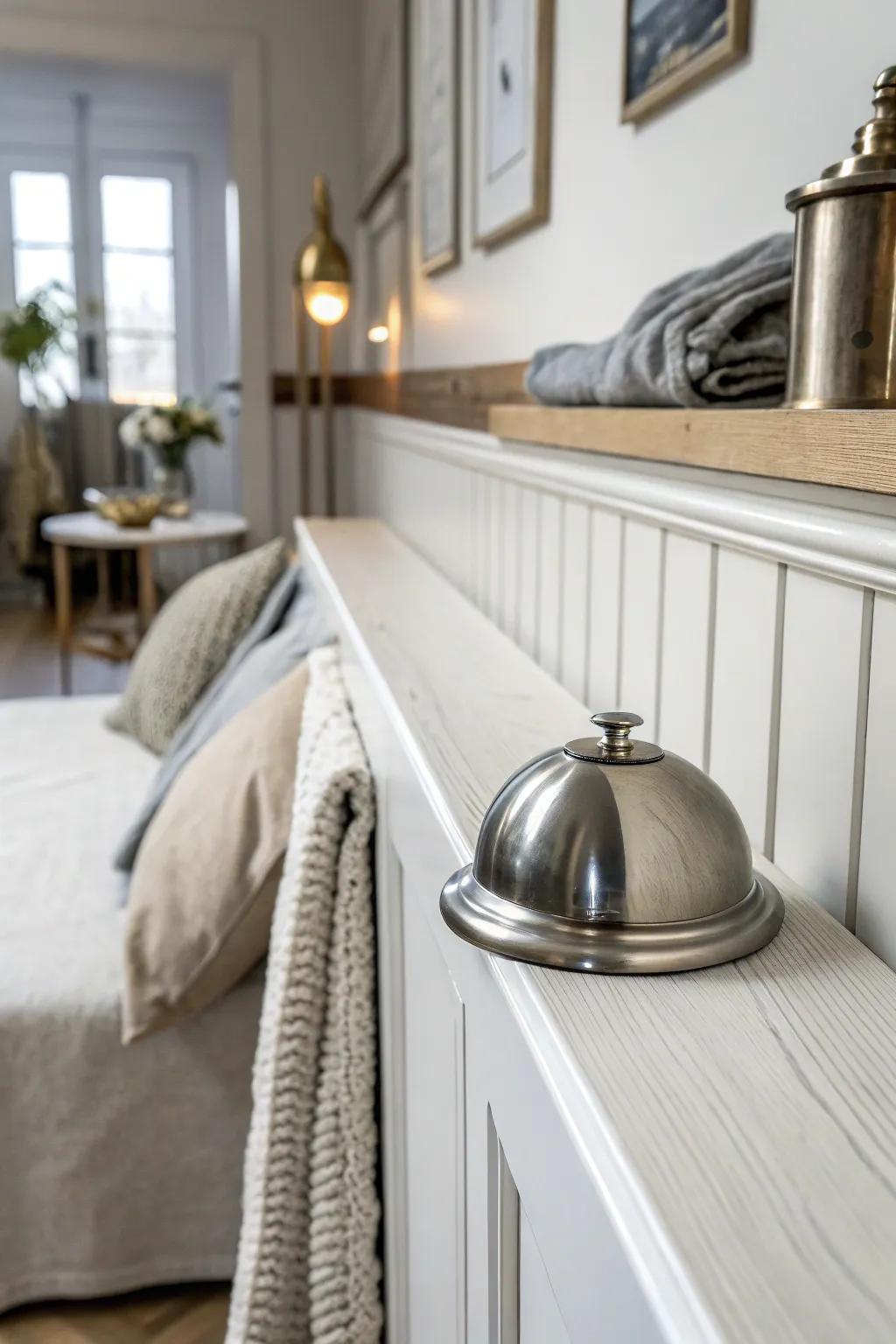 Infuse your space with industrial chic using metallic edge wainscoting caps that add a sleek touch. 🏡 #IndustrialChic #MetallicDetails #ModernHome