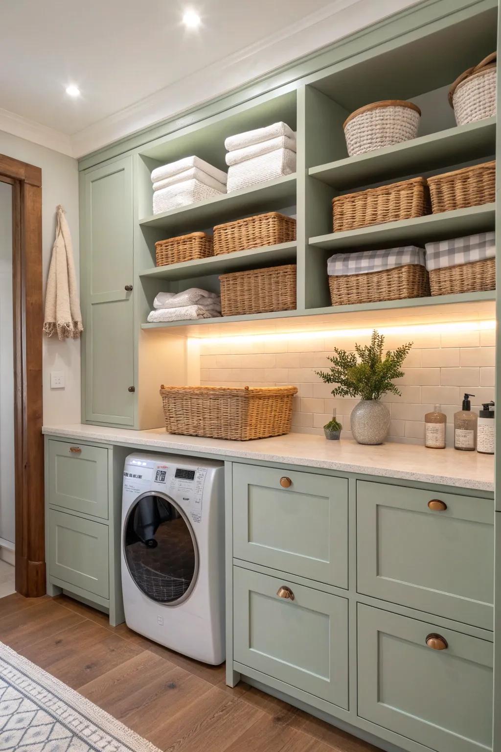 Efficient storage solutions keep your laundry essentials organized and at hand.