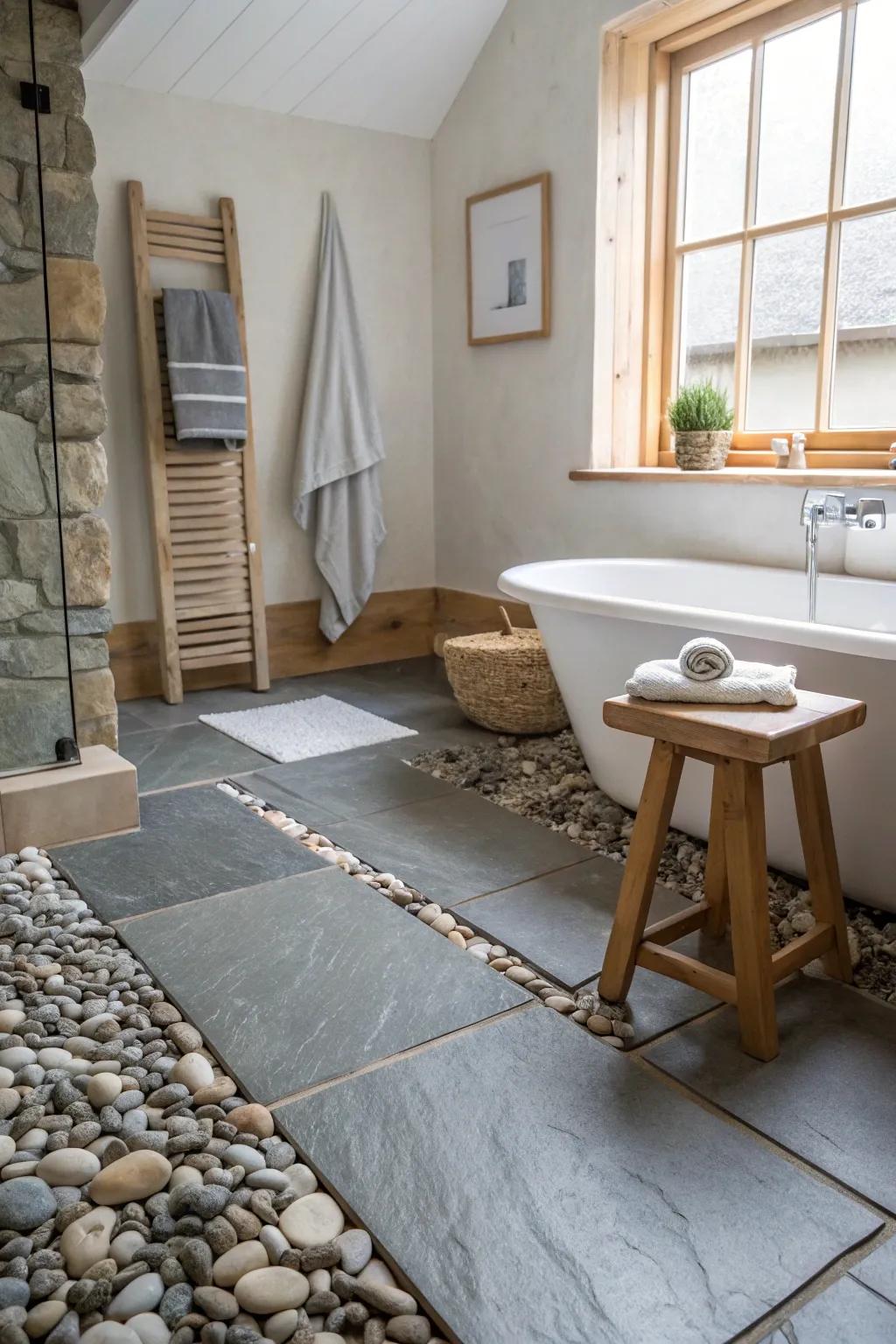 Create a rustic haven with slate floors and pebble accents for a nature-inspired bathroom.