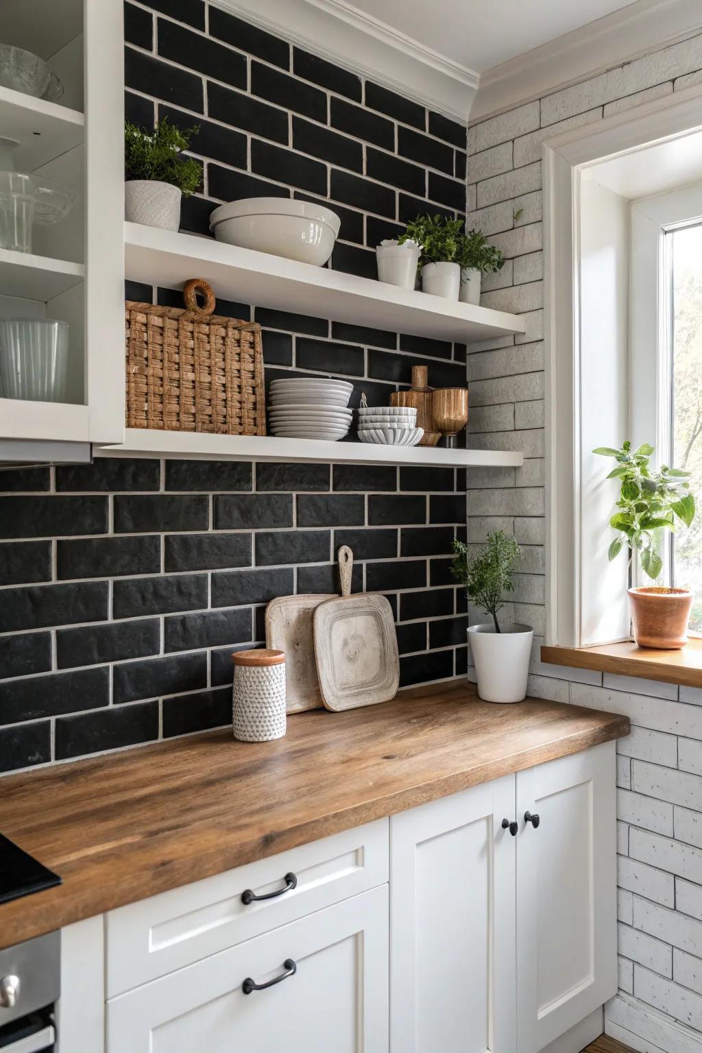 Rustic brick tiles offer a charming twist on the classic black and white palette.