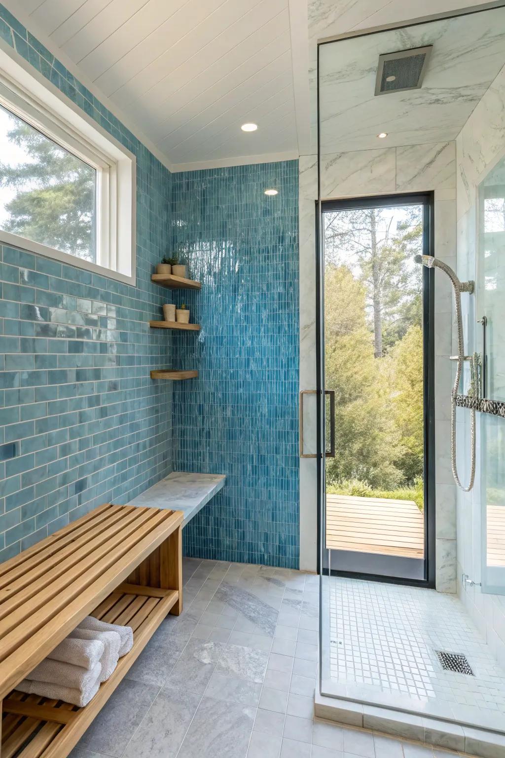 Create a dynamic look with a mix of blue tiles and natural materials. 🌿 #MixedMaterials #ShowerDesign