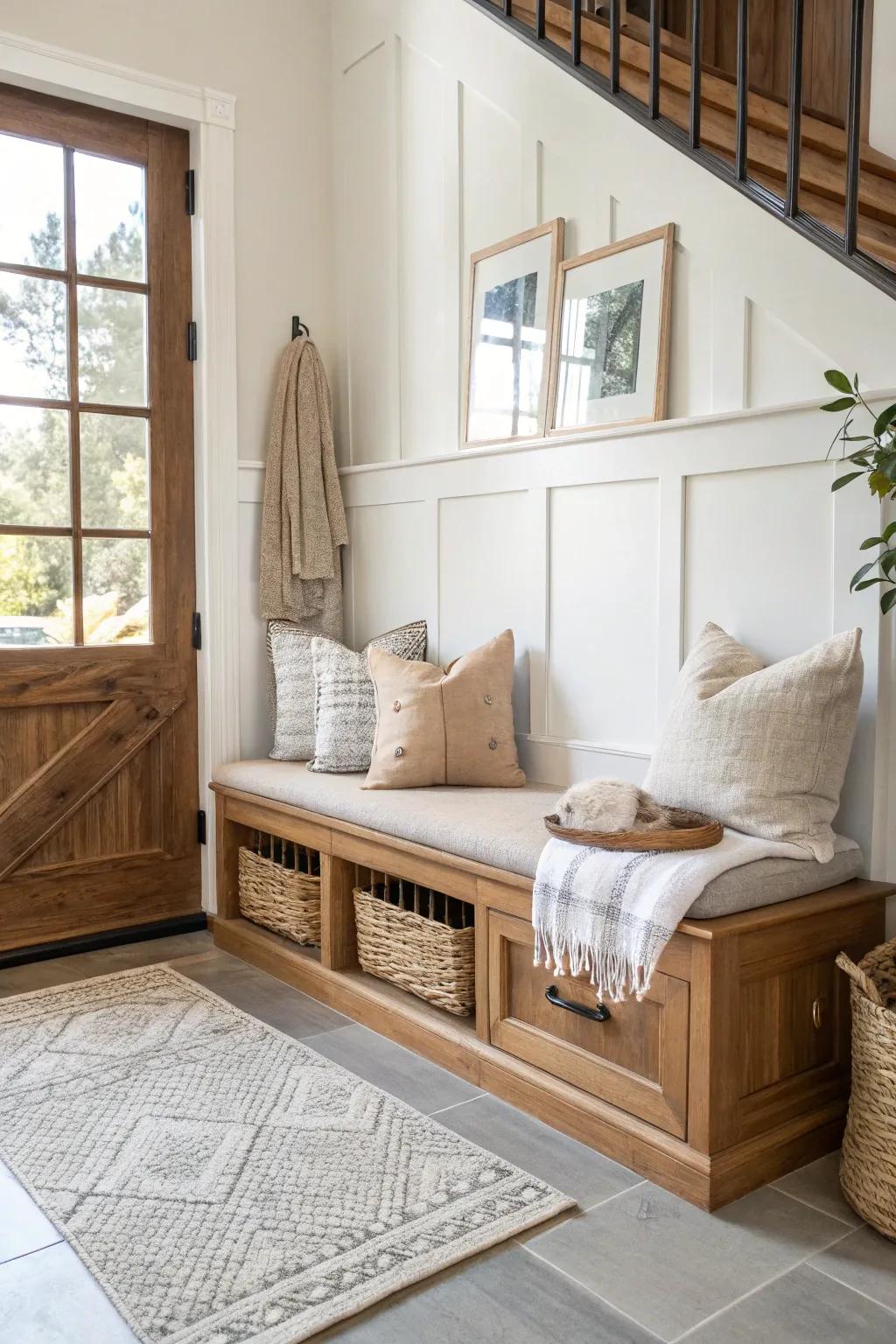 Cushions add a layer of comfort and style to your entryway bench.
