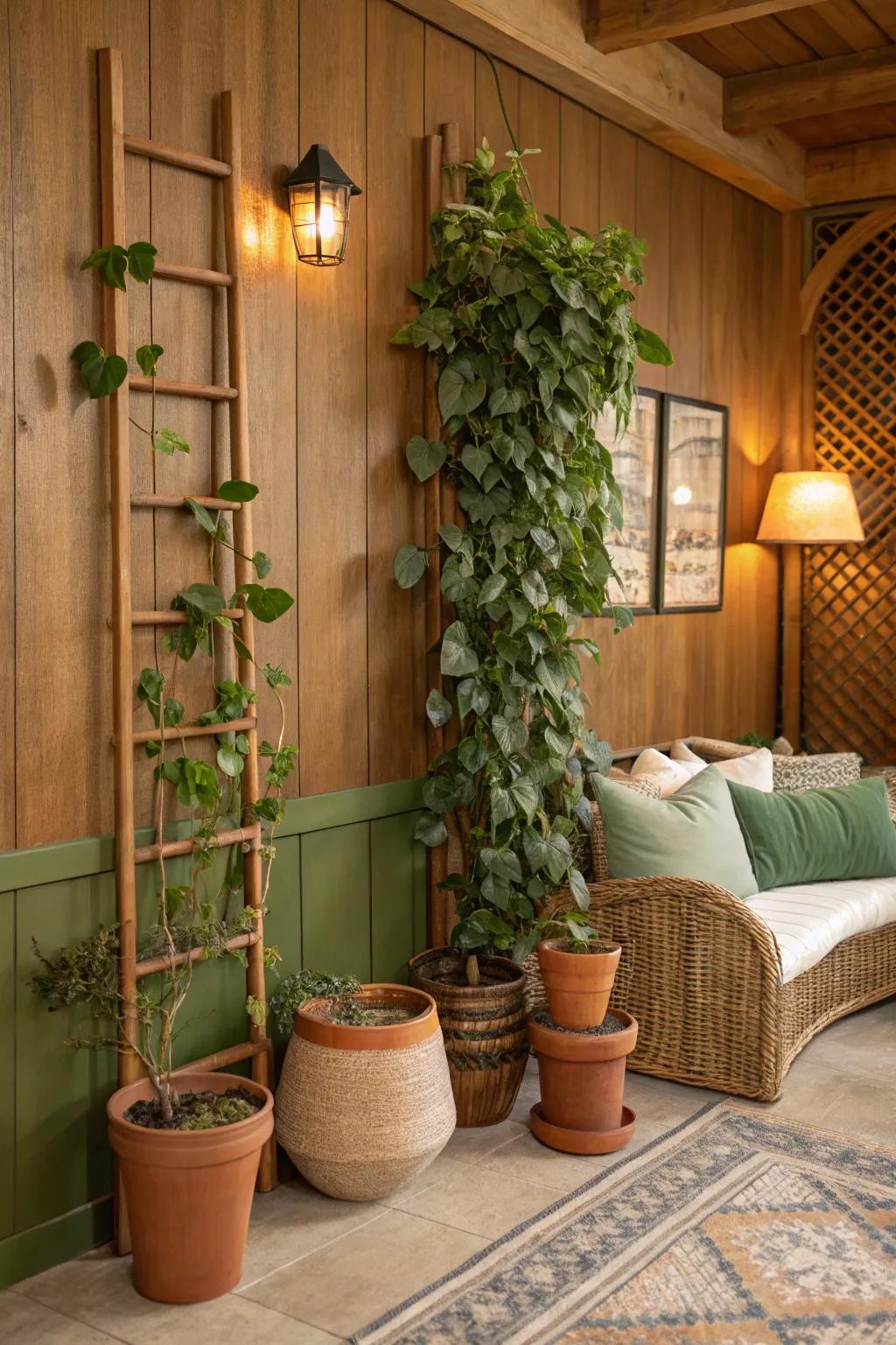 Create a dramatic vertical garden with climbing vinca indoors.