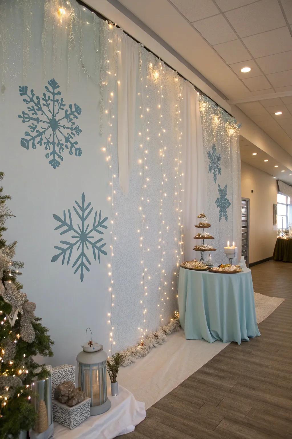 Transform ordinary walls into a winter wonderland with snowflakes and lights.
