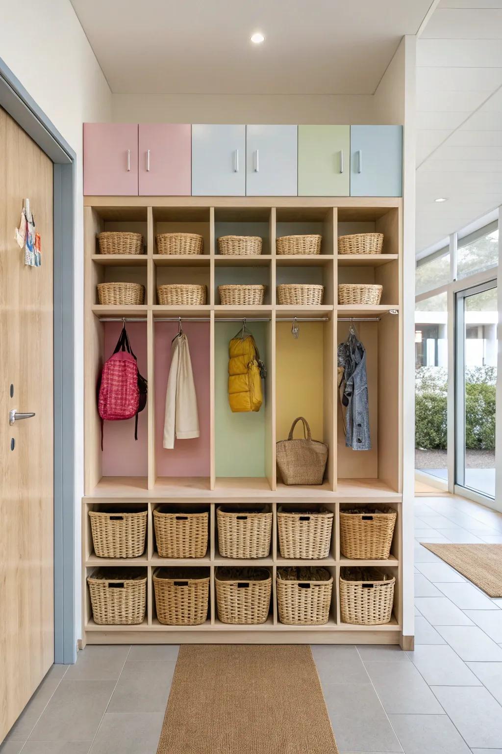 Color-coded cubbies keep the entryway tidy and help kids manage their belongings. 🧥 #OrganizedDaycare #KidFriendly