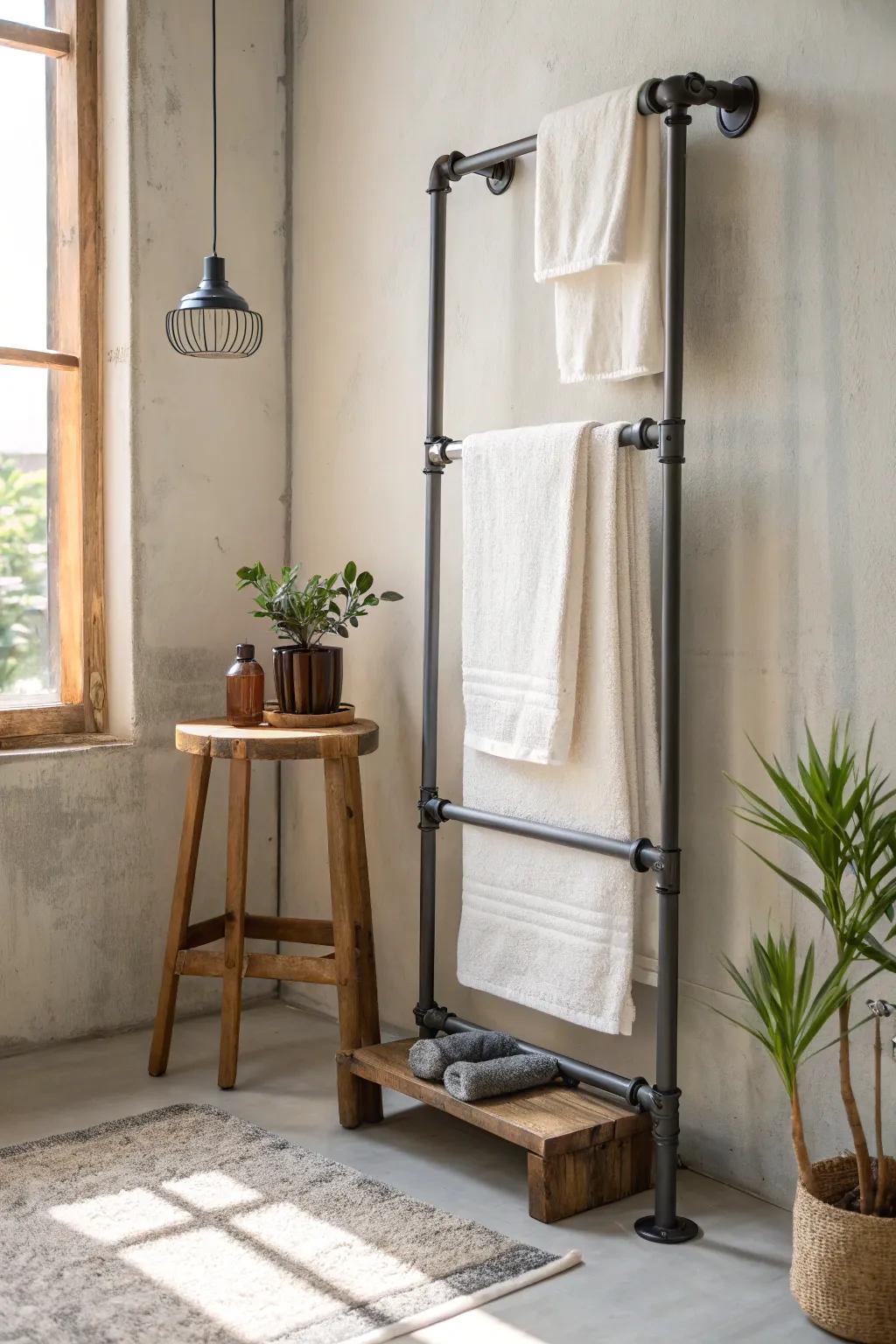 Infuse your space with industrial flair using a pipe-style double towel rack that makes a bold statement.