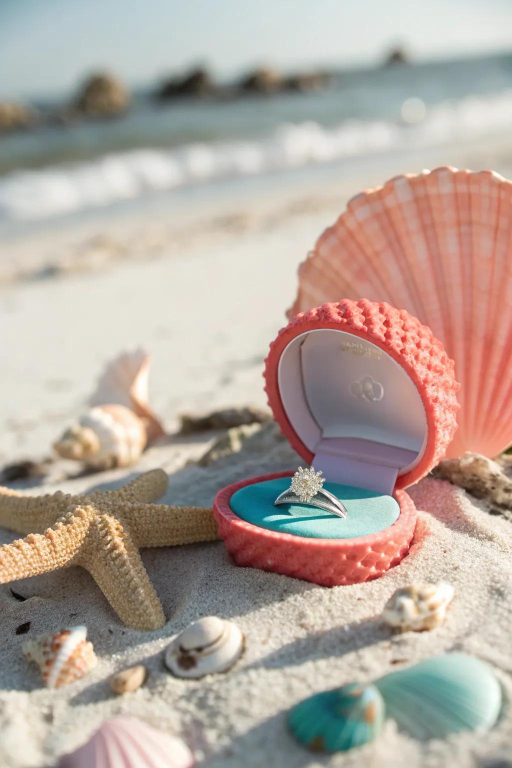 Bring the ocean to your proposal with a charming shell-inspired ring box. #BeachProposal #ShellBox #EngagementIdeas