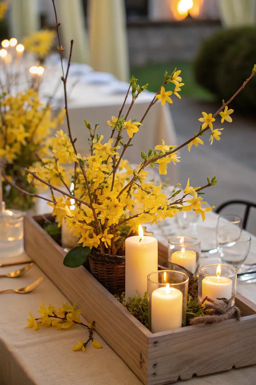 Set the mood with a forsythia and candle centerpiece that radiates warmth and intimacy.