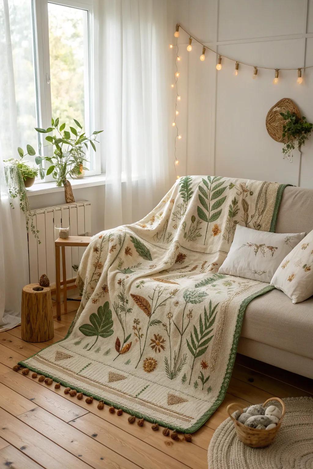 Wrap yourself in layers of comfort with patterned textiles that tell tales of nature.